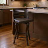 25" Gray And Black Faux Leather And Fabric And Iron Low Back Counter Height Swivel Bar Chair