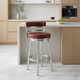26" Red And Silver Faux Leather And Fabric And Iron Low Back Counter Height Swivel Bar Chair
