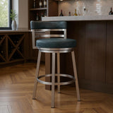30" Blue And Silver Faux Leather And Fabric And Iron Low Back Bar Height Swivel Bar Chair