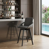 27" Gray And Black Faux Leather And Wood Low Back Bar Height Swivel Bar Chair