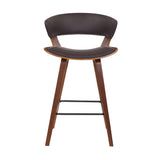 27" Brown Faux Leather and Iron Low Back Counter Height Bar Chair