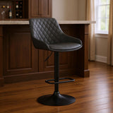 Gray And Black Fabric And Iron Low Back Adjustable Height Swivel Bar Chair