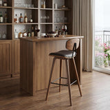 29" Brown Faux Leather And Wood Low Back Bar Height Bar Chair