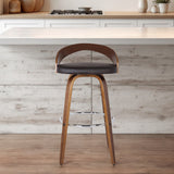 30" Brown Faux Leather and Solid Wood Low Back Bar Height Swivel Bar Chair