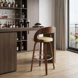 30" Cream And Brown Fabric And Iron Low Back Bar Height Swivel Bar Chair