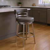 26" Gray And Silver Faux Leather And Faux Leather And Iron Low Back Counter Height Swivel Bar Chair