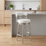 26" White And Silver Faux Leather And Faux Leather And Iron Low Back Counter Height Swivel Bar Chair