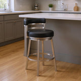 26" Black And Silver Faux Leather And Iron Low Back Counter Height Swivel Bar Chair