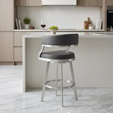 26" Gray And Silver Faux Leather And Faux Leather And Iron Low Back Counter Height Swivel Bar Chair