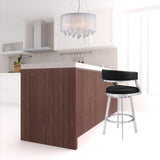 26" Black And Silver Faux Leather And Faux Leather And Iron Low Back Counter Height Swivel Bar Chair