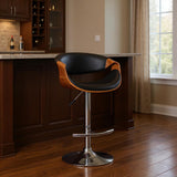 Black And Silver Fabric And Solid Wood Low Back Adjustable Height Swivel Bar Chair