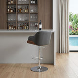 Gray And Silver Faux Leather And Fabric And Iron Low Back Adjustable Height Swivel Bar Chair