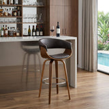 31" Brown Faux Leather And Fabric And Solid Wood Low Back Bar Height Swivel Bar Chair