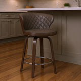 26" Brown Faux Leather And Fabric And Iron Low Back Counter Height Swivel Bar Chair
