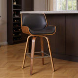 30" Brown Fabric And Solid Wood Low Back Bar Height Swivel Bar Chair