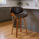 26" Brown Faux Leather And Fabric And Iron Low Back Counter Height Swivel Bar Chair