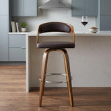 26" Brown Fabric And Solid Wood Low Back Counter Height Swivel Bar Chair