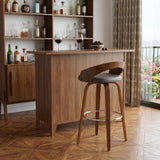 30" Gray And Brown Faux Leather And Fabric And Iron Low Back Bar Height Swivel Bar Chair