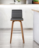 30" Gray and Brown Faux Leather and Solid Wood Low Back Bar Height Swivel Bar Chair