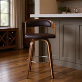 30" Brown Fabric And Solid Wood Low Back Bar Height Swivel Bar Chair