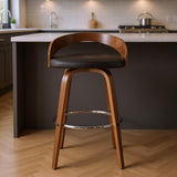 26" Brown Faux Leather And Fabric And Solid Wood Low Back Counter Height Swivel Bar Chair