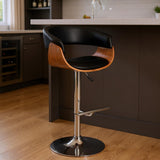 Black And Brown Faux Leather And Fabric And Solid Wood Low Back Adjustable Height Swivel Bar Chair