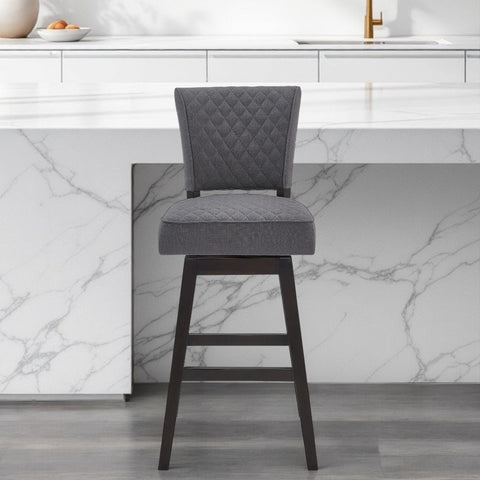26" Gray and Espresso Fabric and Solid Wood Counter Height Swivel Bar Chair