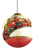 Teddy on Toy Train Hand Painted Mouth Blown Glass Ornament
