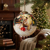 Puppy under the Christmas Tree Hand Painted Mouth Blown Glass Ornament