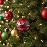Red Farm Truck with Tree Hand Painted Mouth Blown Glass Ornament