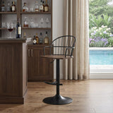 Brown And Black Solid Wood And Iron Low Back Adjustable Height Bar Chair