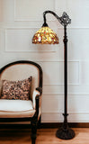 62" Brown Metal Arched Floor Lamp With Amber and Red Flowers Stained Glass Shade