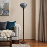 62" Brown And White Torchiere Floor Lamp With White Peacock Feather Glass Dome Shade