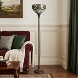 62" Beige Torchiere Floor Lamp With Red And White Flowers Glass Dome Shade
