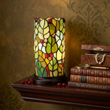 11" Green and Red Leaves and Berries Stained Glass Accent Lamp
