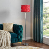 63" Steel and Acrylic Floor Lamp With Red Flowers Fabric Drum Shade