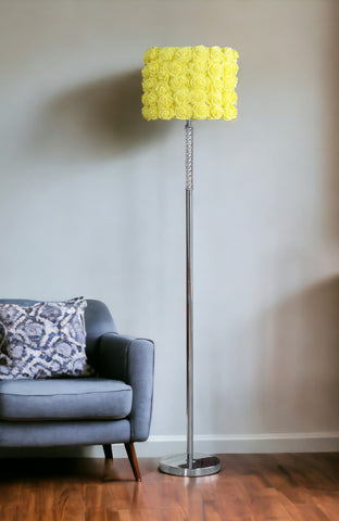 63" Steel and Acrylic Floor Lamp With Yellow Flowers Fabric Drum Shade