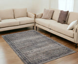 5' X 8' Brown and Blue Oriental Printed Distressed Area Rug