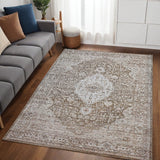 5' X 8' Beige Oriental Power Loom Distressed Stain Resistant Area Rug