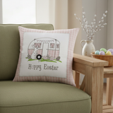 17" Pink And White Easter Bunny Plaid Throw Pillow with Embroidery
