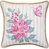 17" Blue and Pink Floral Throw Pillow with Embroidery