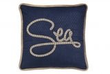 17" Navy Blue and Brown Sea Throw Pillow with Embroidery