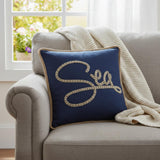 17" Navy Blue and Brown Sea Throw Pillow with Embroidery