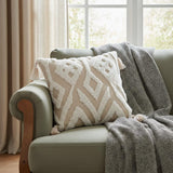 17" X 17" Beige And White Ikat Zippered Polyester Throw Pillow With Tassels