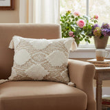 13" X 18" Beige and White Throw Pillow with Tassels