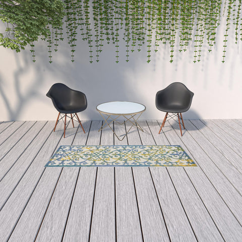 8' Ivory And Blue Indoor Outdoor Area Rug