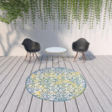 8' X 8' Ivory And Blue Round Indoor Outdoor Area Rug