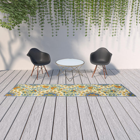 12' Blue And Yellow Indoor Outdoor Runner Rug