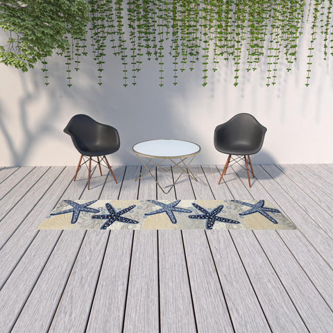 10' Blue And Gray Indoor Outdoor Runner Rug