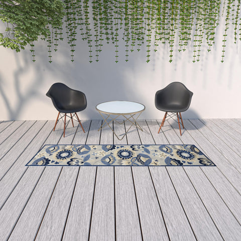 10' Blue And Gray Indoor Outdoor Runner Rug